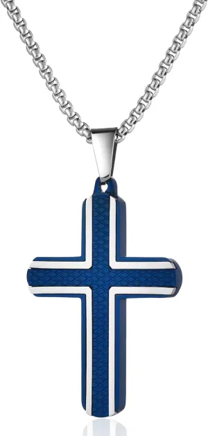 Men's Large Blue Cross Pendant Necklace with 24 Inch Stainless Steel Box Chain, Christian Cross Necklace, Religious Chain Jewelry for Believers and Prayers
