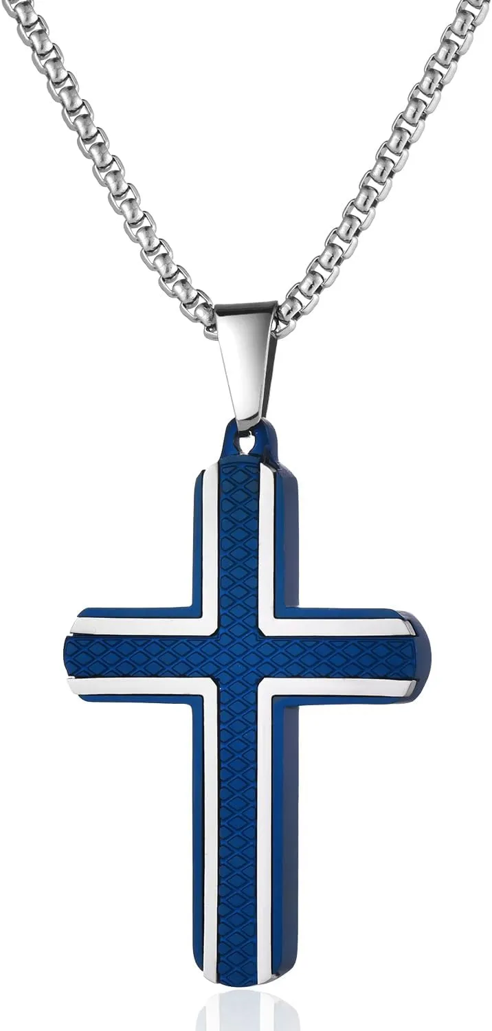 Men's Large Blue Cross Pendant Necklace with 24 Inch Stainless Steel Box Chain, Christian Cross Necklace, Religious Chain Jewelry for Believers and Prayers