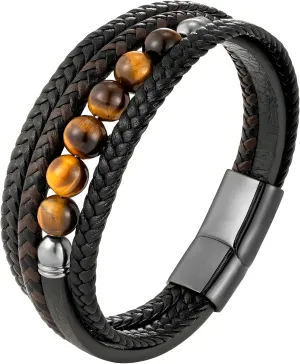 Mens Leather Bracelet, Multi-Layer Braided Yellow Tiger Eye Beads Natural Stone Cuff Bracelets with Stainless Steel Clasp Anniversary Father's Day Birthday Christmas Jewelry Gifts for Him
