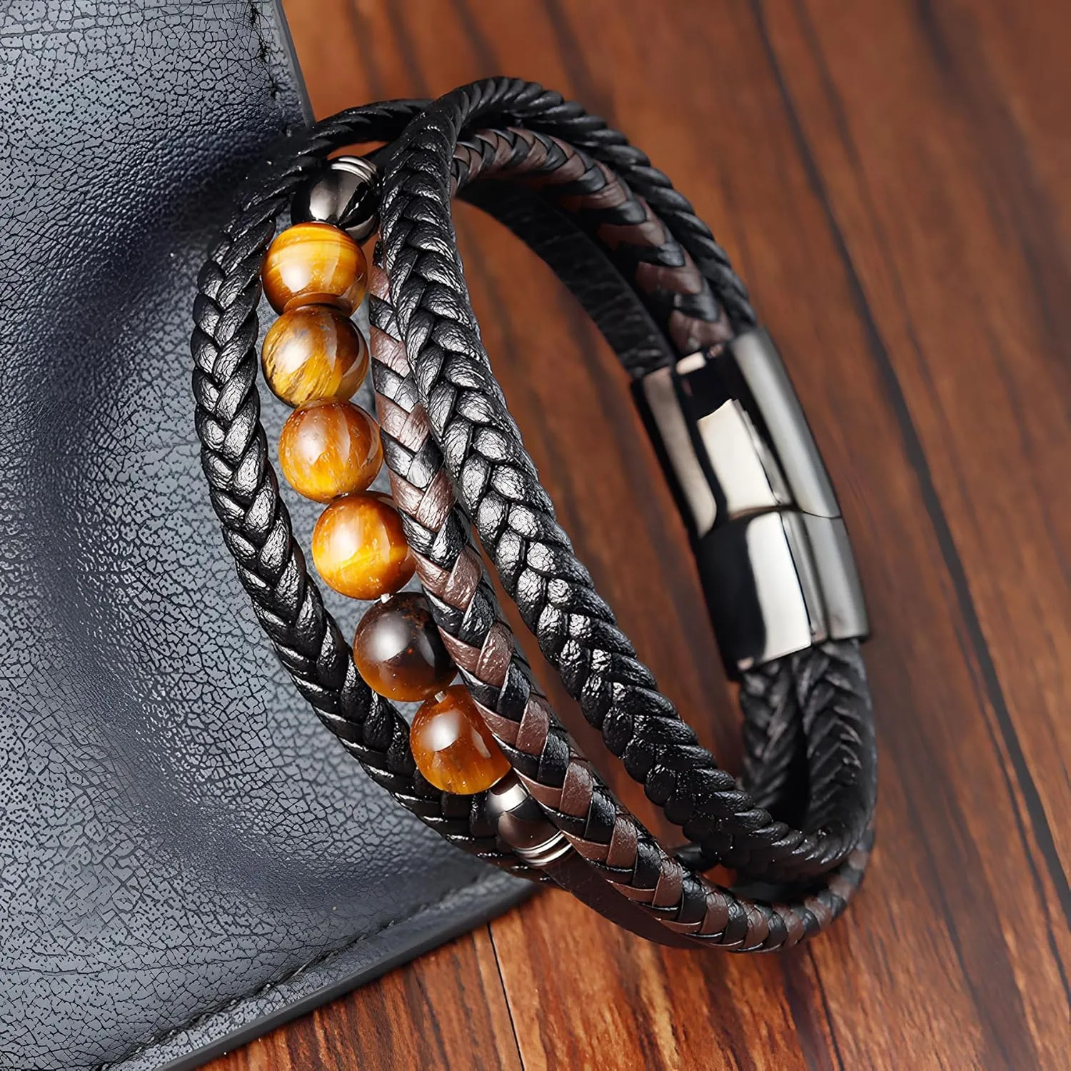 Mens Leather Bracelet, Multi-Layer Braided Yellow Tiger Eye Beads Natural Stone Cuff Bracelets with Stainless Steel Clasp Anniversary Father's Day Birthday Christmas Jewelry Gifts for Him