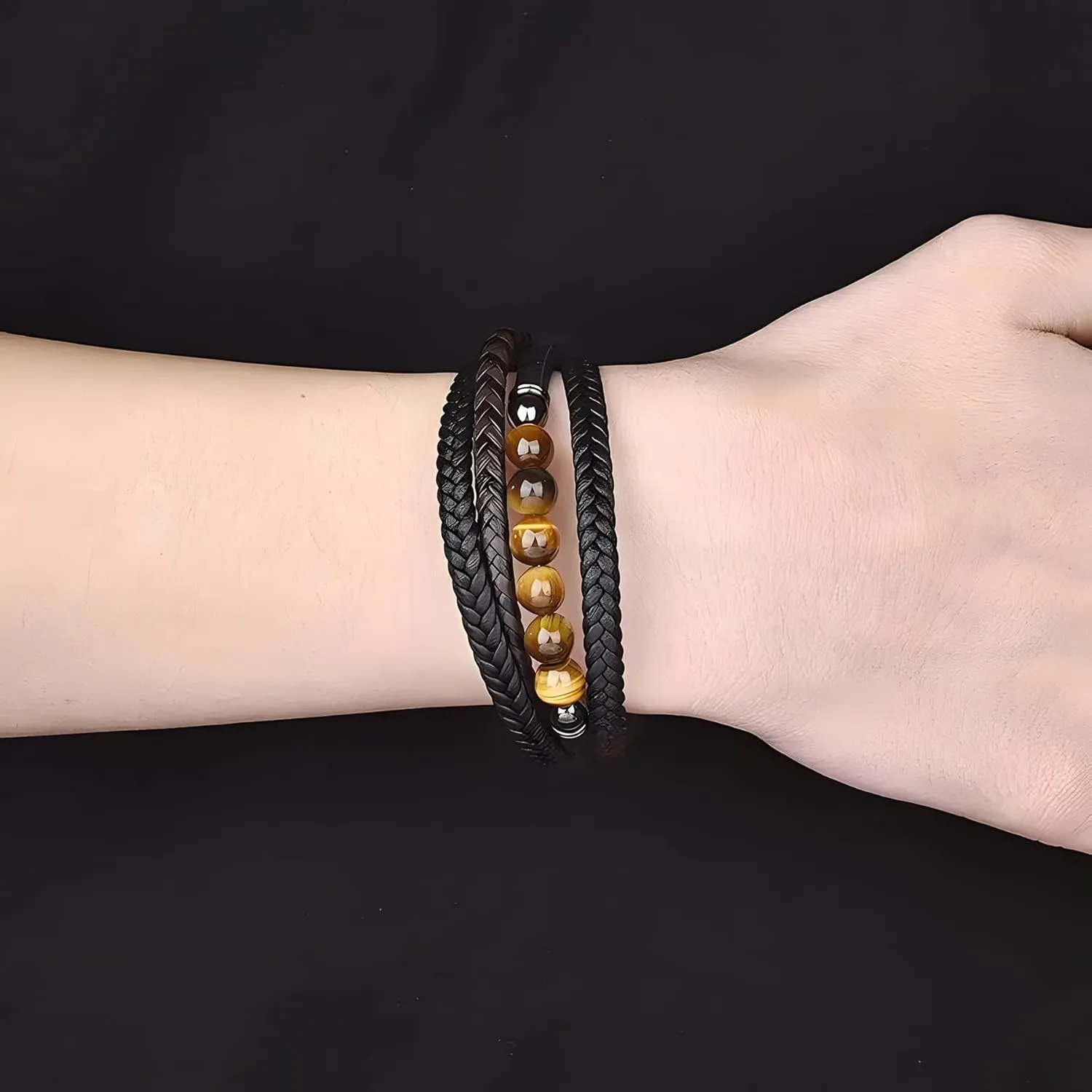 Mens Leather Bracelet, Multi-Layer Braided Yellow Tiger Eye Beads Natural Stone Cuff Bracelets with Stainless Steel Clasp Anniversary Father's Day Birthday Christmas Jewelry Gifts for Him