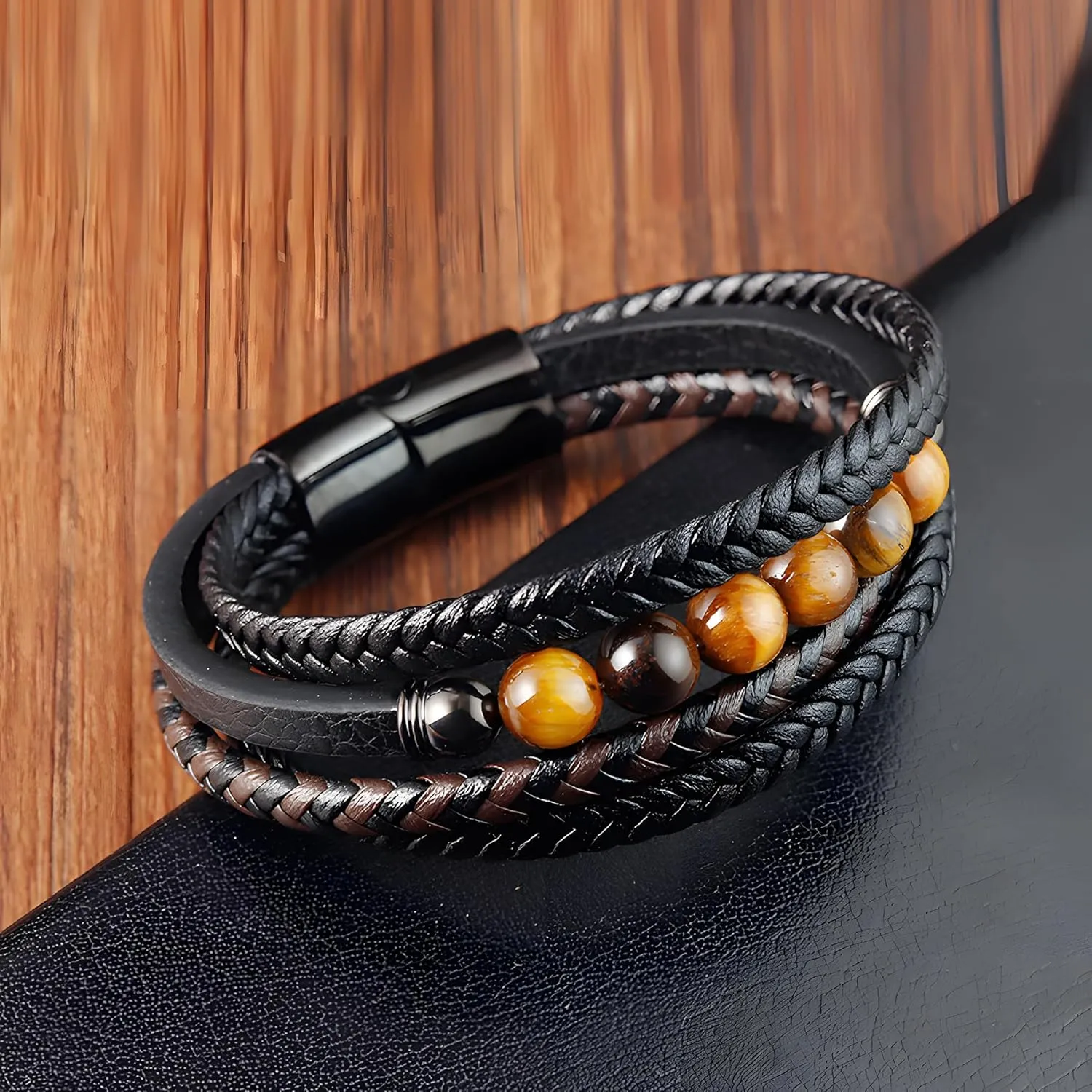 Mens Leather Bracelet, Multi-Layer Braided Yellow Tiger Eye Beads Natural Stone Cuff Bracelets with Stainless Steel Clasp Anniversary Father's Day Birthday Christmas Jewelry Gifts for Him