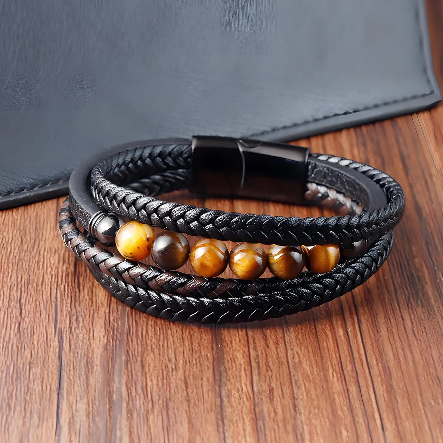 Mens Leather Bracelet, Multi-Layer Braided Yellow Tiger Eye Beads Natural Stone Cuff Bracelets with Stainless Steel Clasp Anniversary Father's Day Birthday Christmas Jewelry Gifts for Him