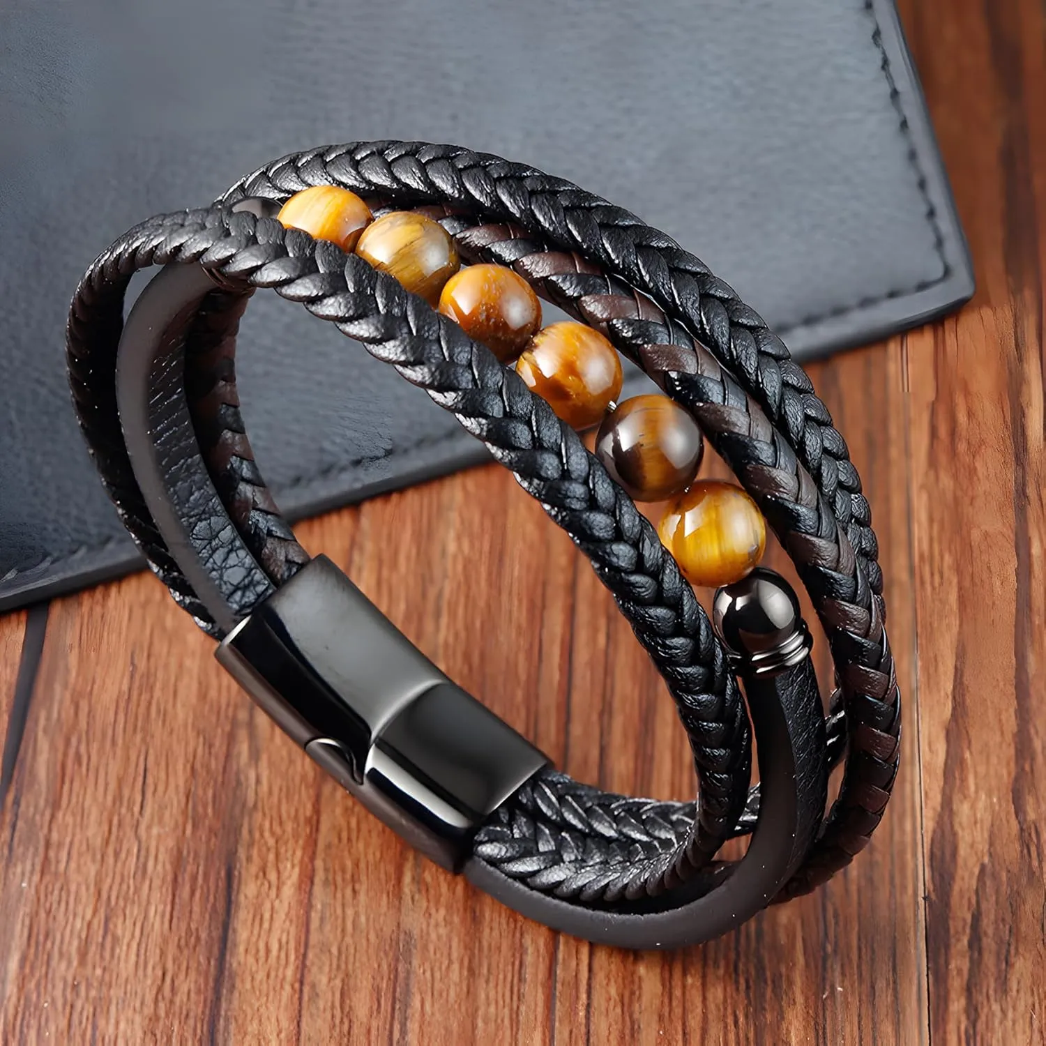 Mens Leather Bracelet, Multi-Layer Braided Yellow Tiger Eye Beads Natural Stone Cuff Bracelets with Stainless Steel Clasp Anniversary Father's Day Birthday Christmas Jewelry Gifts for Him