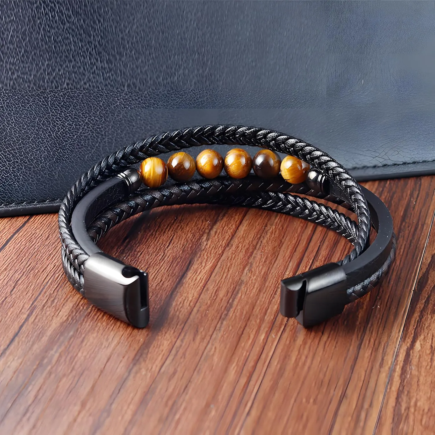 Mens Leather Bracelet, Multi-Layer Braided Yellow Tiger Eye Beads Natural Stone Cuff Bracelets with Stainless Steel Clasp Anniversary Father's Day Birthday Christmas Jewelry Gifts for Him