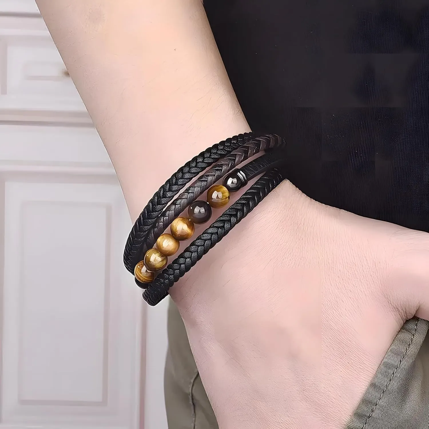 Mens Leather Bracelet, Multi-Layer Braided Yellow Tiger Eye Beads Natural Stone Cuff Bracelets with Stainless Steel Clasp Anniversary Father's Day Birthday Christmas Jewelry Gifts for Him