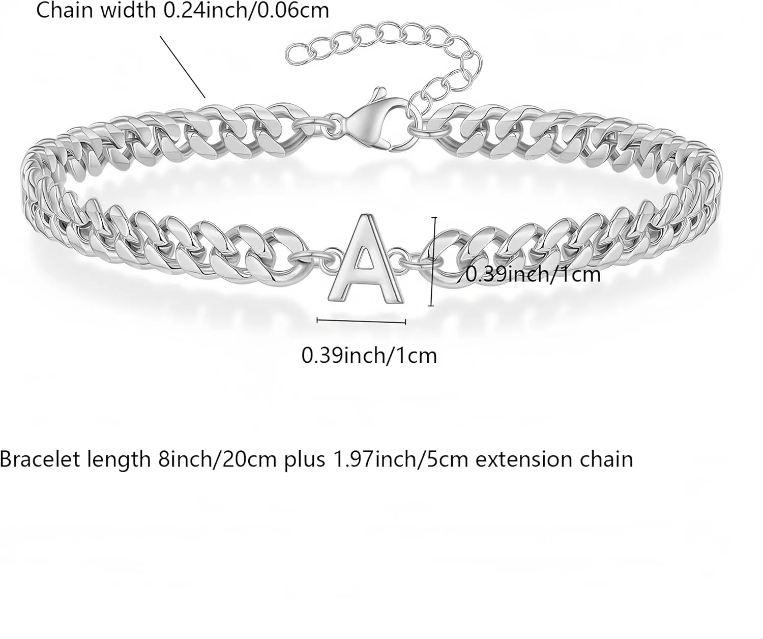 Men's Sterling Silver Cuban Link Chain Bracelet with Custom Letters - Adjustable Initial Bracelet for Husband, Boyfriend, Dad | Anniversary, Birthday & Christmas Gifts