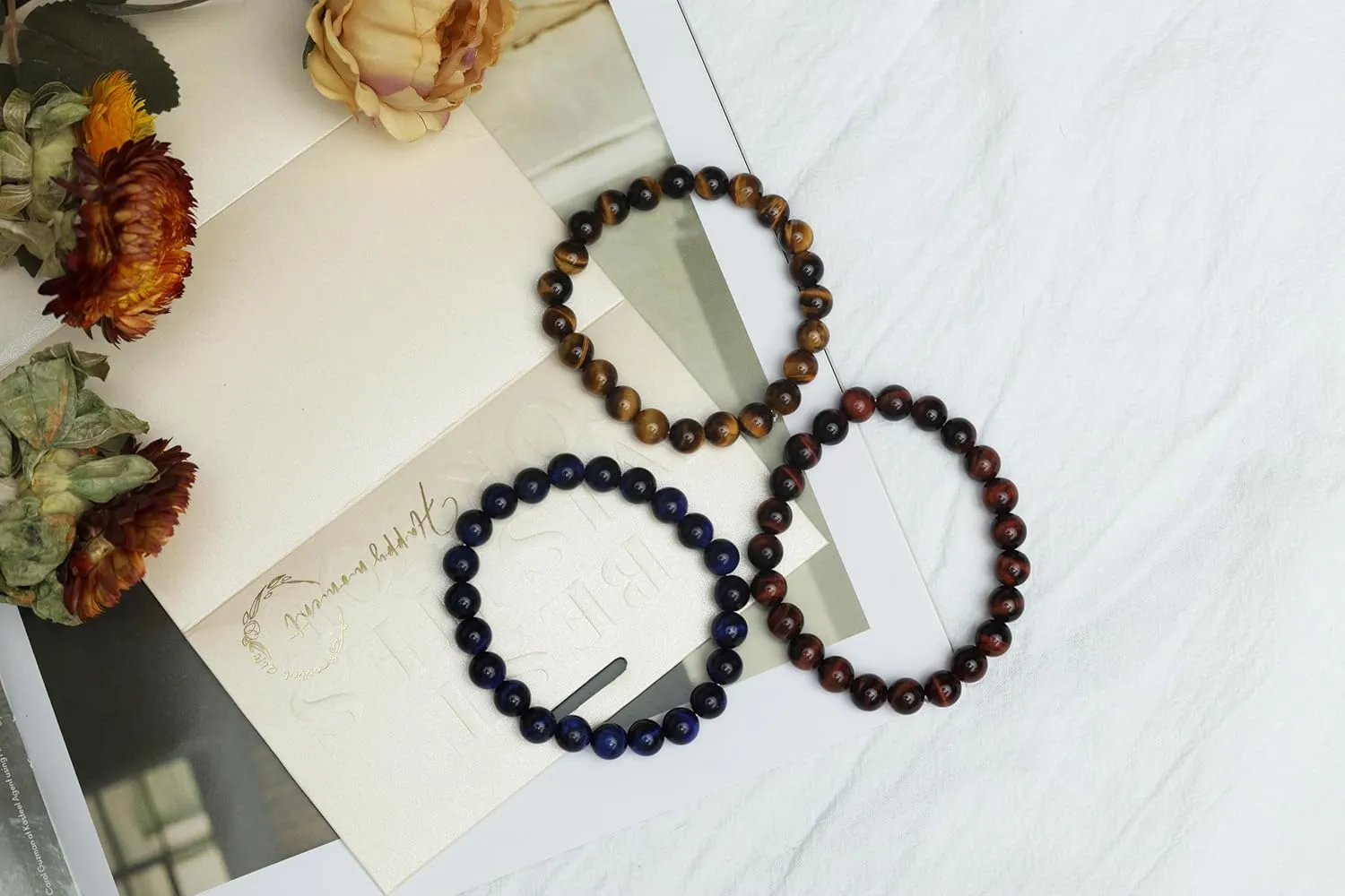 Men's Tiger Eye Bracelet 8MM Natural Gemstone Beads Bracelet Set Stretch Lava Bracelet Adjustable Couple Beaded Bracelet Gift for Men and Women