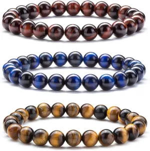 Men's Tiger Eye Bracelet 8MM Natural Gemstone Beads Bracelet Set Stretch Lava Bracelet Adjustable Couple Beaded Bracelet Gift for Men and Women