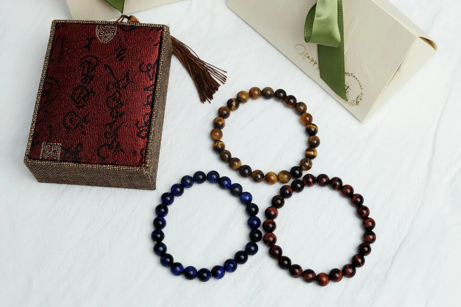 Men's Tiger Eye Bracelet 8MM Natural Gemstone Beads Bracelet Set Stretch Lava Bracelet Adjustable Couple Beaded Bracelet Gift for Men and Women