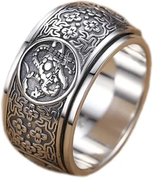 MERAD Lucky Ring, 925 Sterling Silver Four Symbols Ring, Chinese Ancient 4 Guardian Beasts Ring, Lucky Wealth Money Ring, Neo Chinese Style Rings Gift for Men