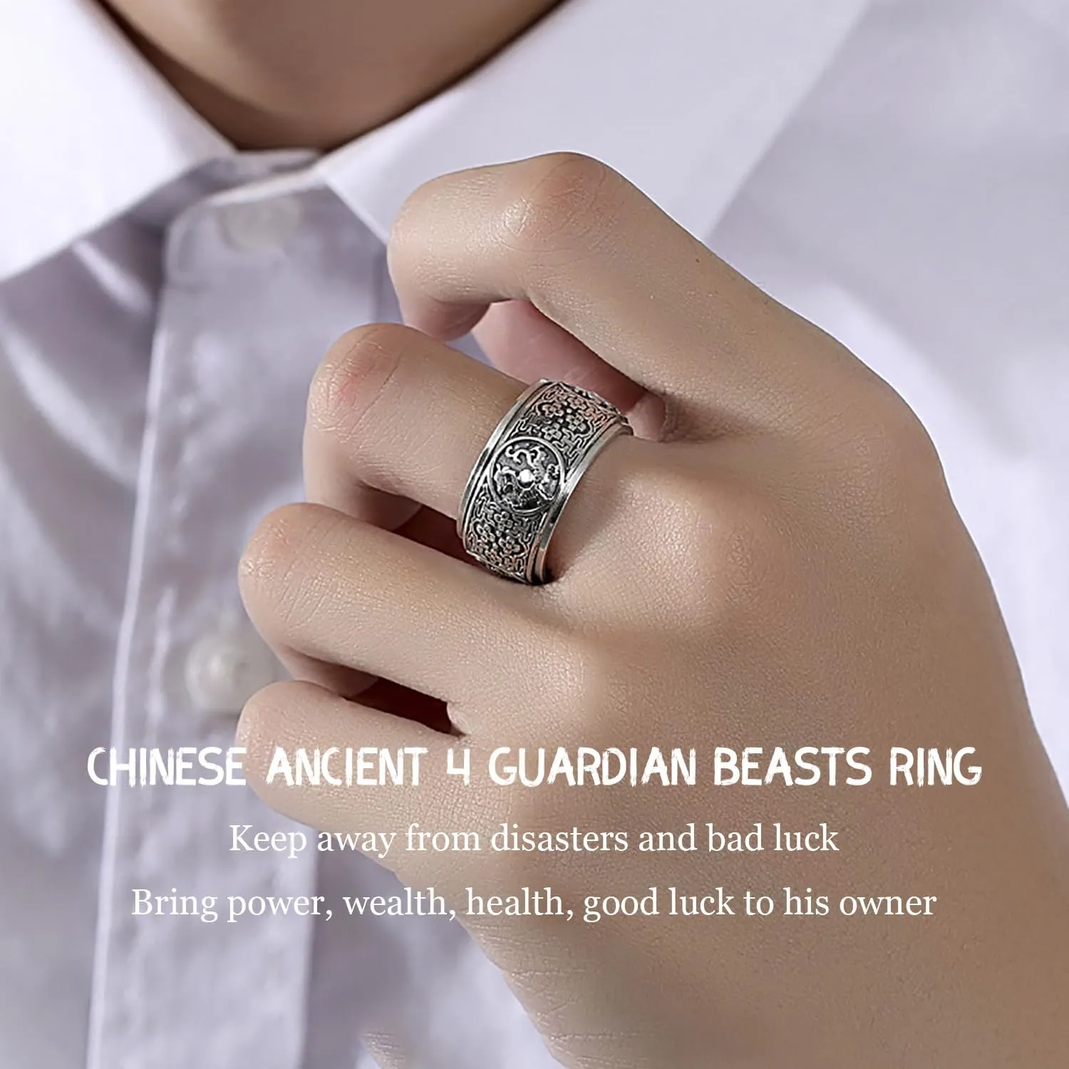 MERAD Lucky Ring, 925 Sterling Silver Four Symbols Ring, Chinese Ancient 4 Guardian Beasts Ring, Lucky Wealth Money Ring, Neo Chinese Style Rings Gift for Men