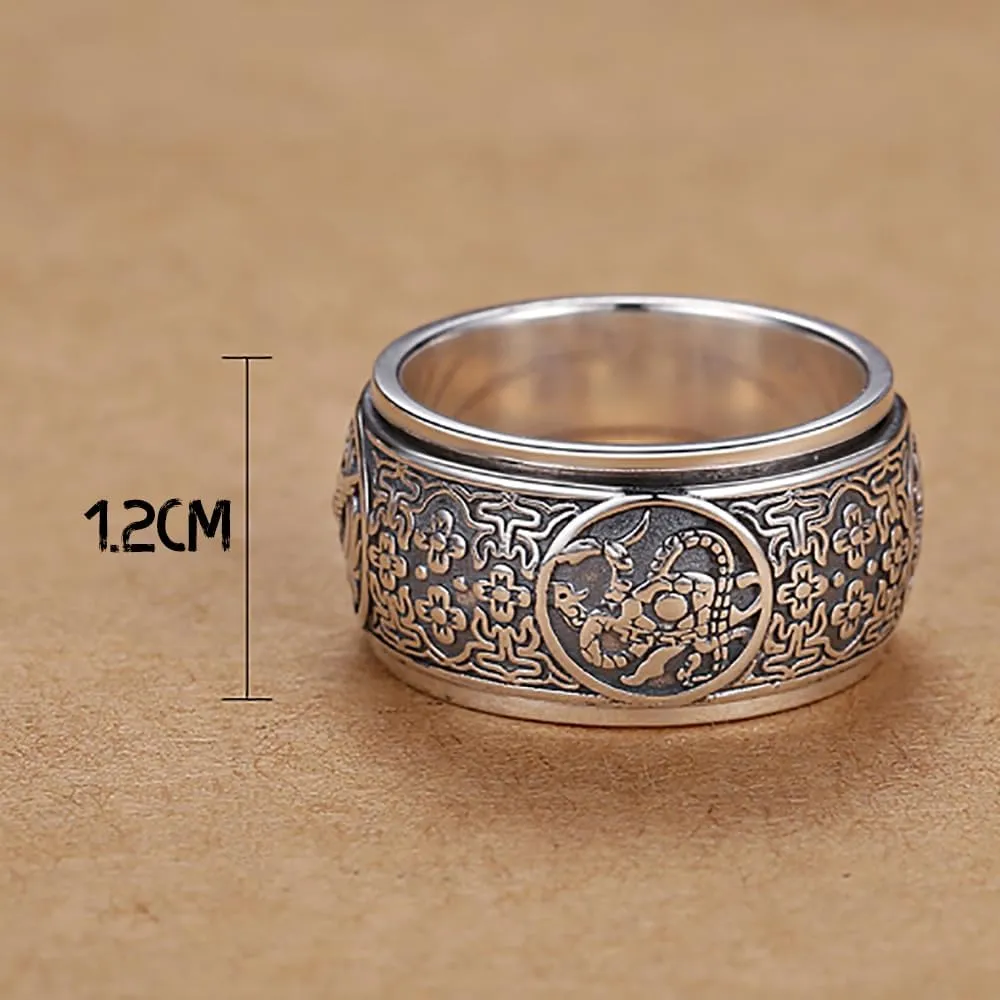 MERAD Lucky Ring, 925 Sterling Silver Four Symbols Ring, Chinese Ancient 4 Guardian Beasts Ring, Lucky Wealth Money Ring, Neo Chinese Style Rings Gift for Men