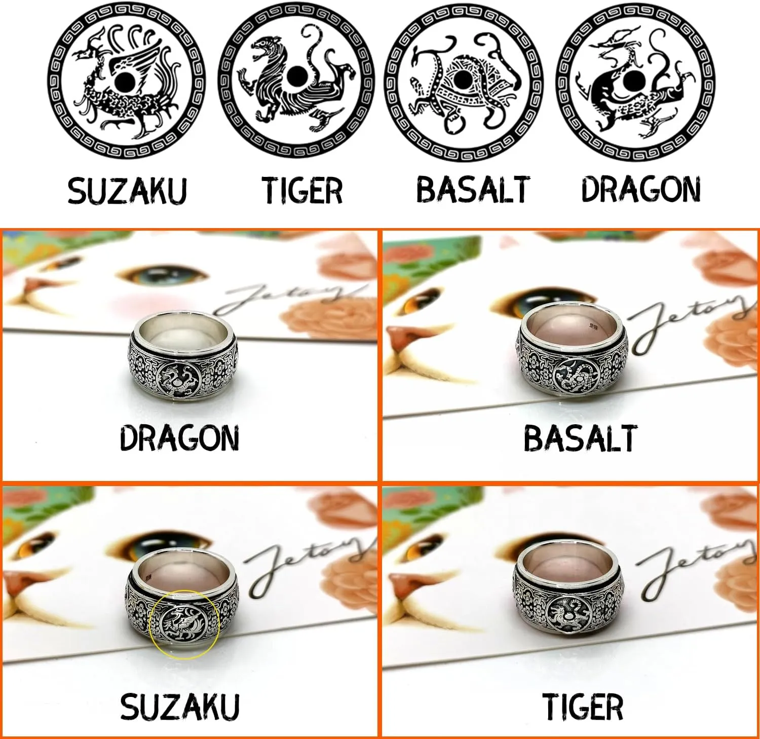 MERAD Lucky Ring, 925 Sterling Silver Four Symbols Ring, Chinese Ancient 4 Guardian Beasts Ring, Lucky Wealth Money Ring, Neo Chinese Style Rings Gift for Men