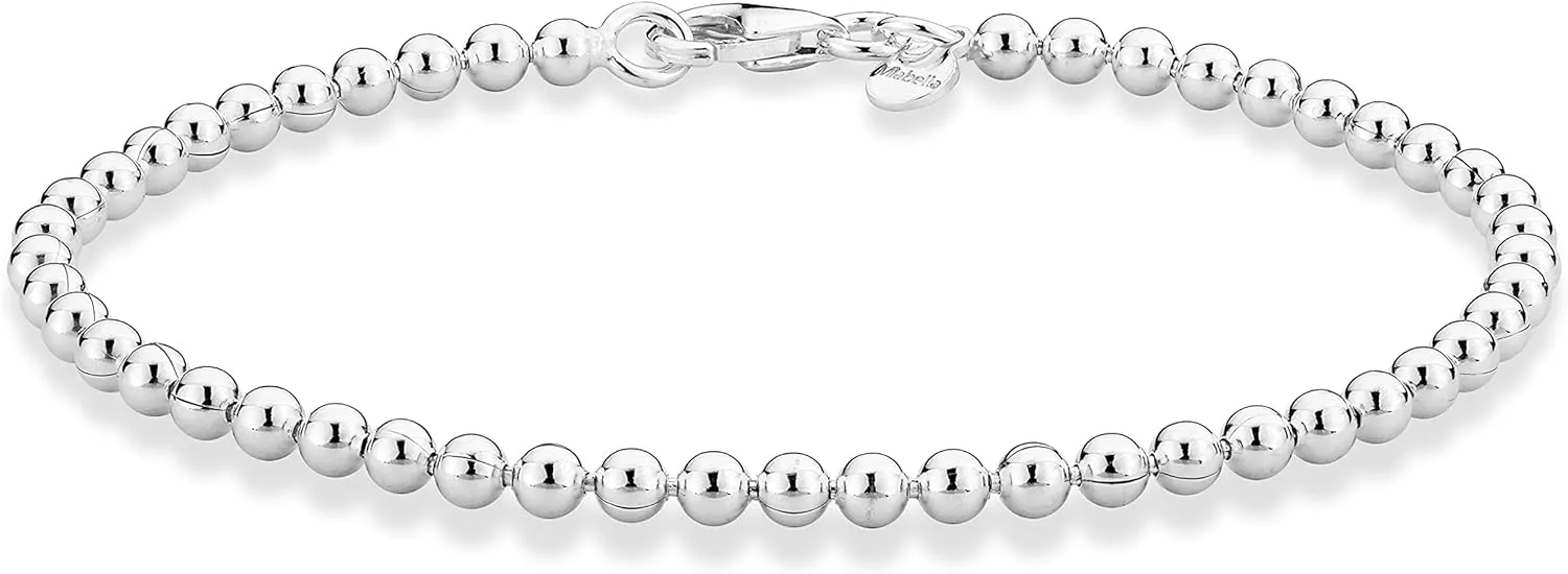 Miabella 925 Sterling Silver Italian Handmade 3mm Bead Ball Strand Chain Bracelet for Women Made in Italy