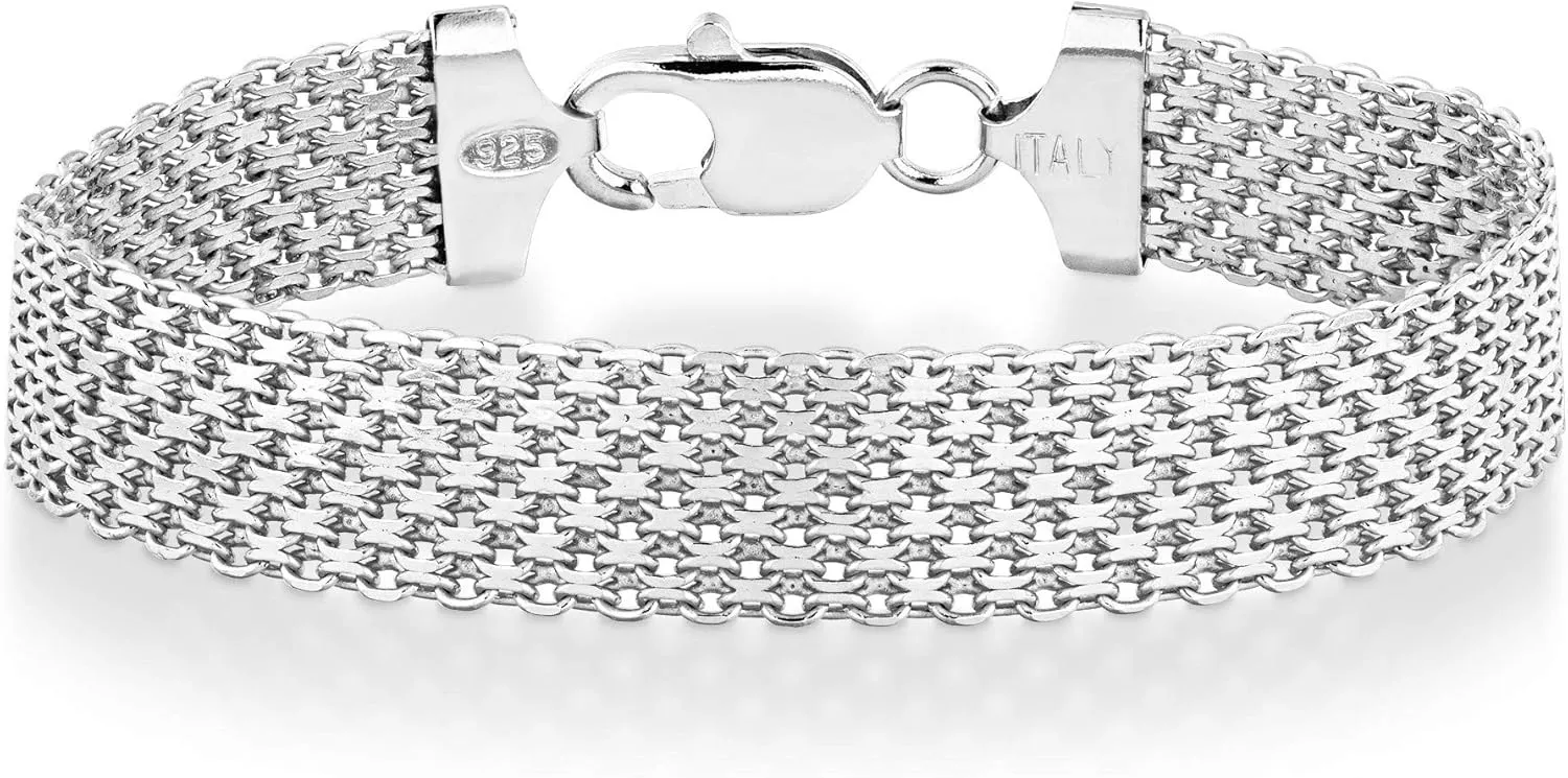 Miabella Solid 925 Sterling Silver Italian 12mm Mesh Link Chain Bracelet for Women Men, Made in Italy