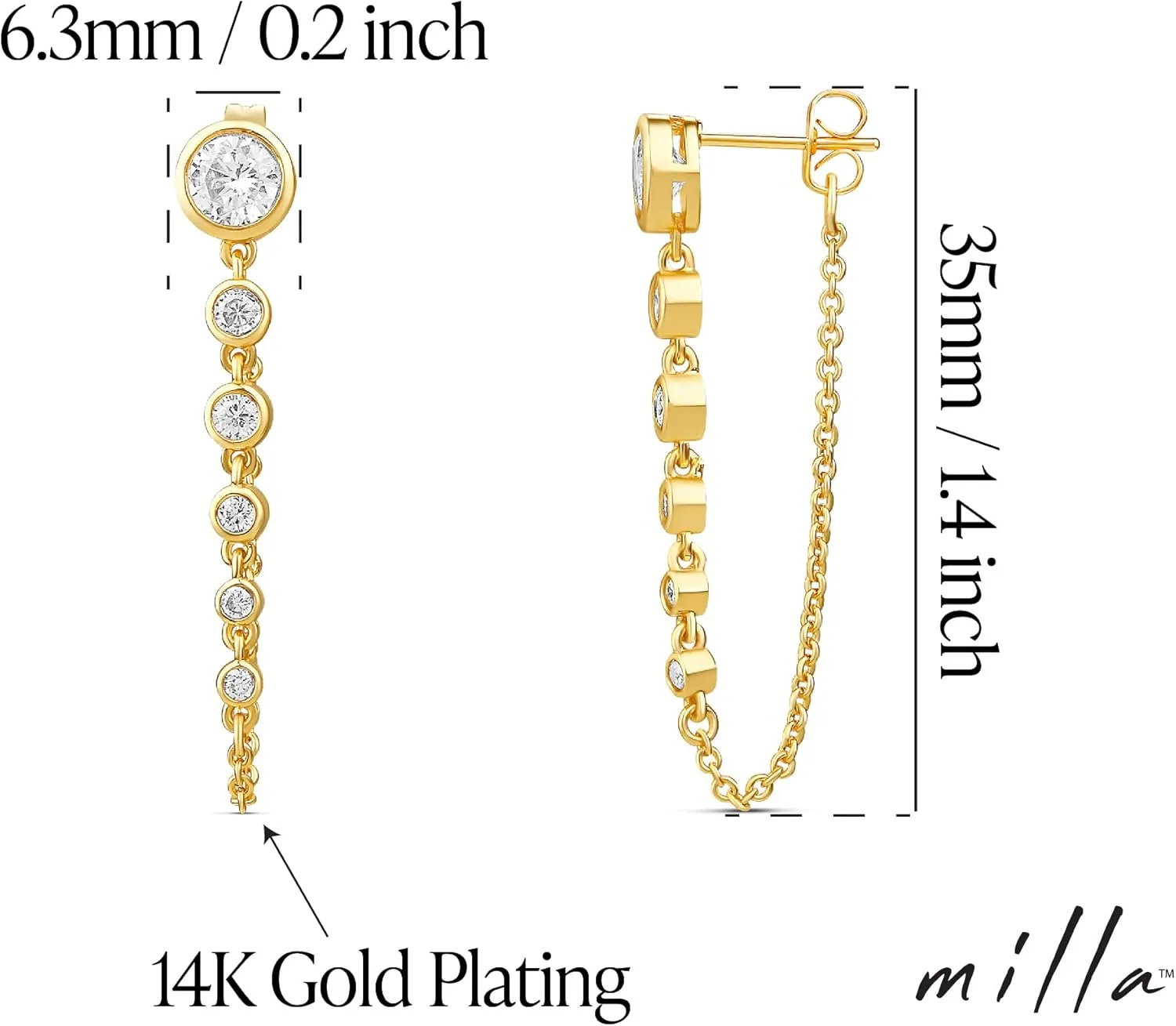 MILLA Dangle Earrings for Women - Cute Designer Earrings for Women Trendy Gold Chain Earrings & Sterling Silver Dangly Earrings