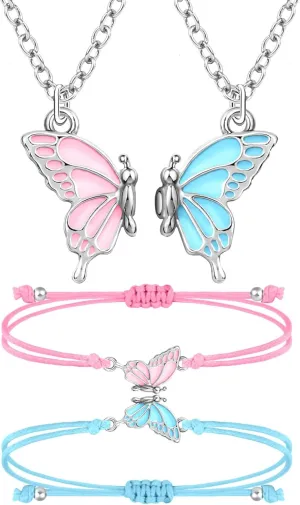 MJartoria BFF Necklace and Bracelets for 2-Butterfly Friendship Necklace Bracelet Best Friend Necklace Matching Necklace Bracelets Gifts