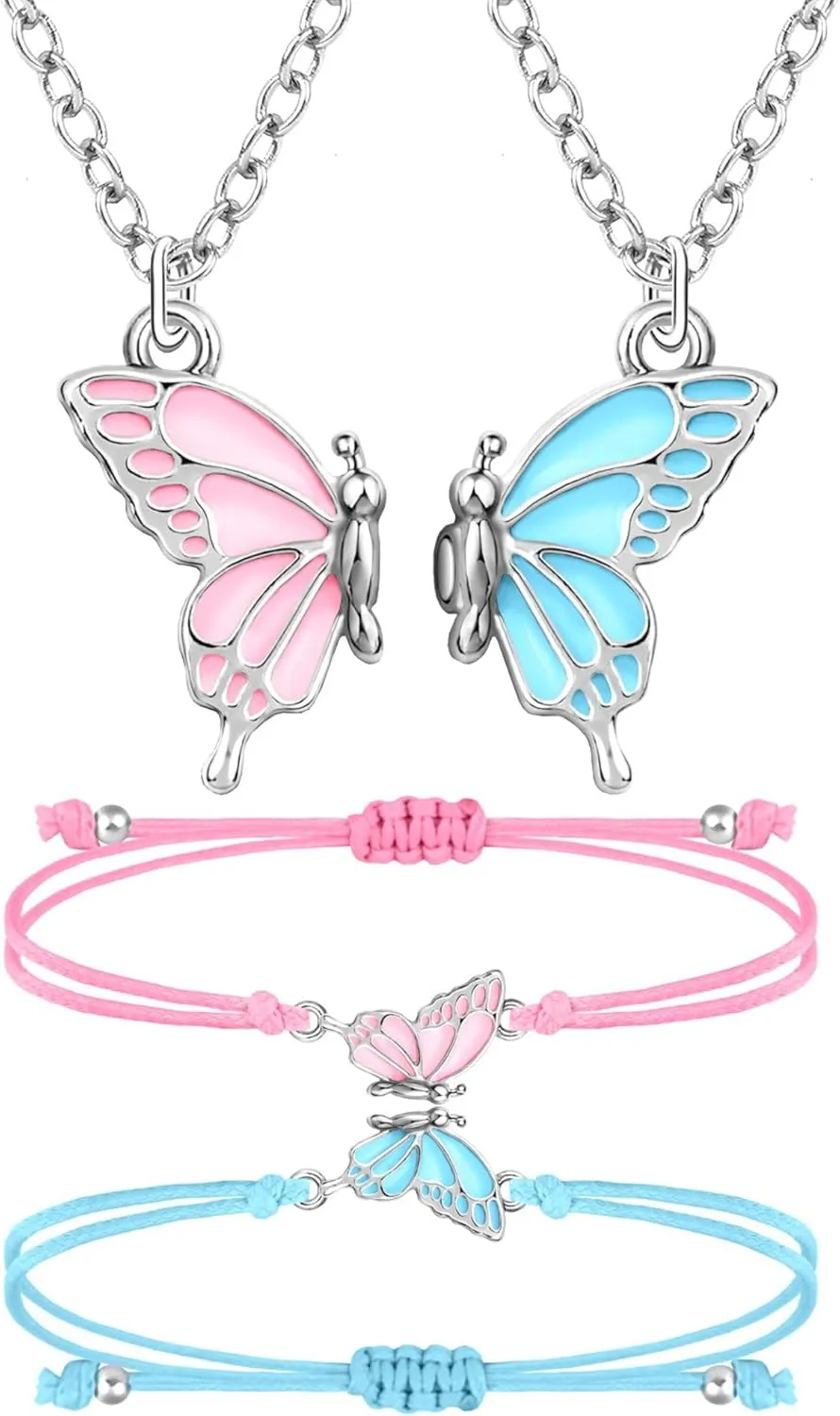 MJartoria BFF Necklace and Bracelets for 2-Butterfly Friendship Necklace Bracelet Best Friend Necklace Matching Necklace Bracelets Gifts
