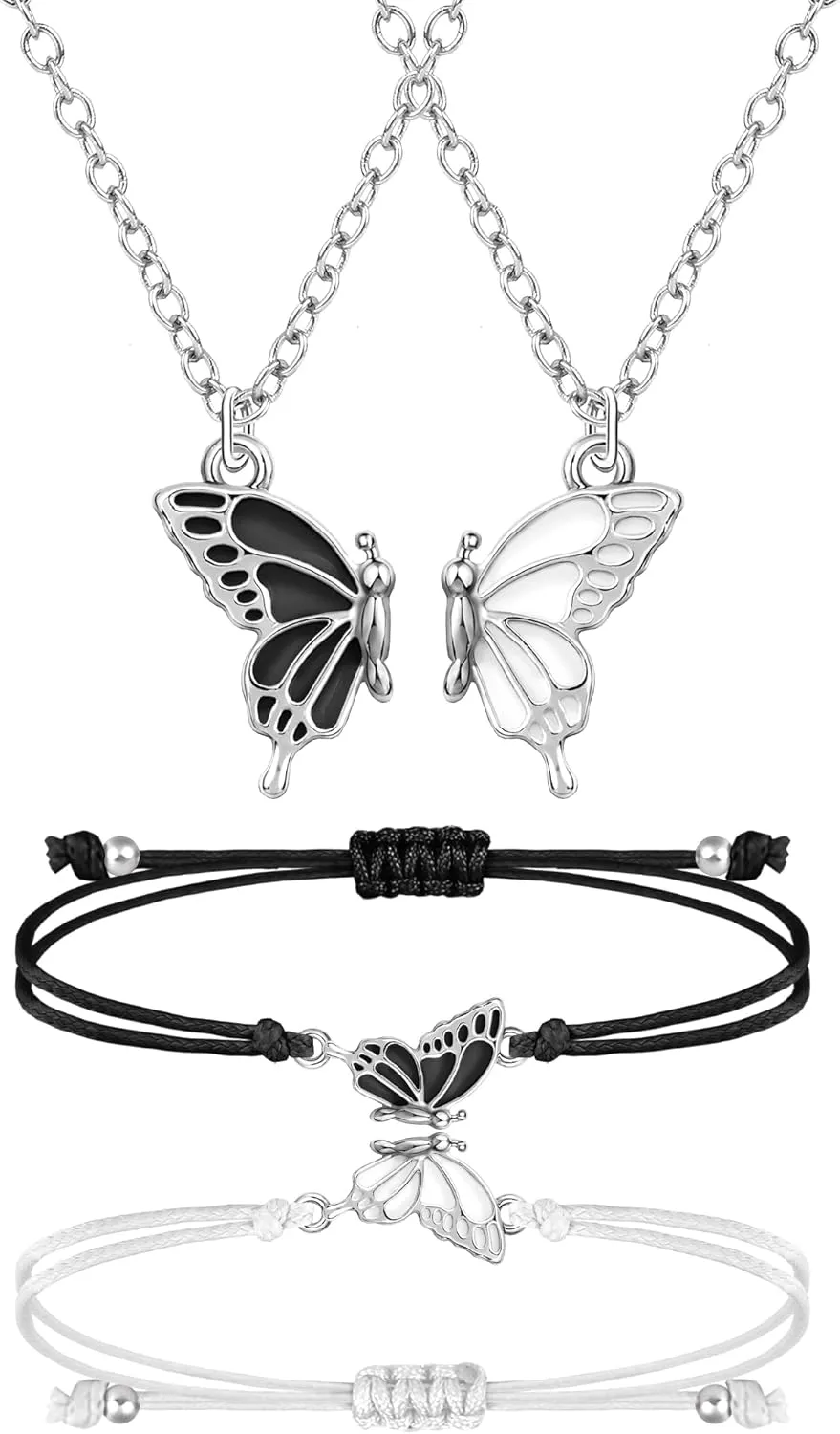 MJartoria BFF Necklace and Bracelets for 2-Butterfly Friendship Necklace Bracelet Best Friend Necklace Matching Necklace Bracelets Gifts