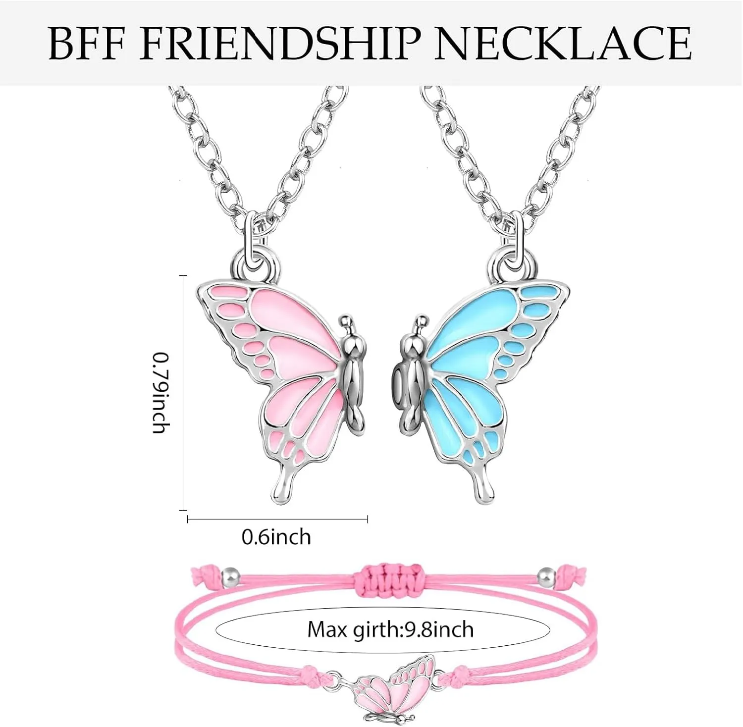 MJartoria BFF Necklace and Bracelets for 2-Butterfly Friendship Necklace Bracelet Best Friend Necklace Matching Necklace Bracelets Gifts