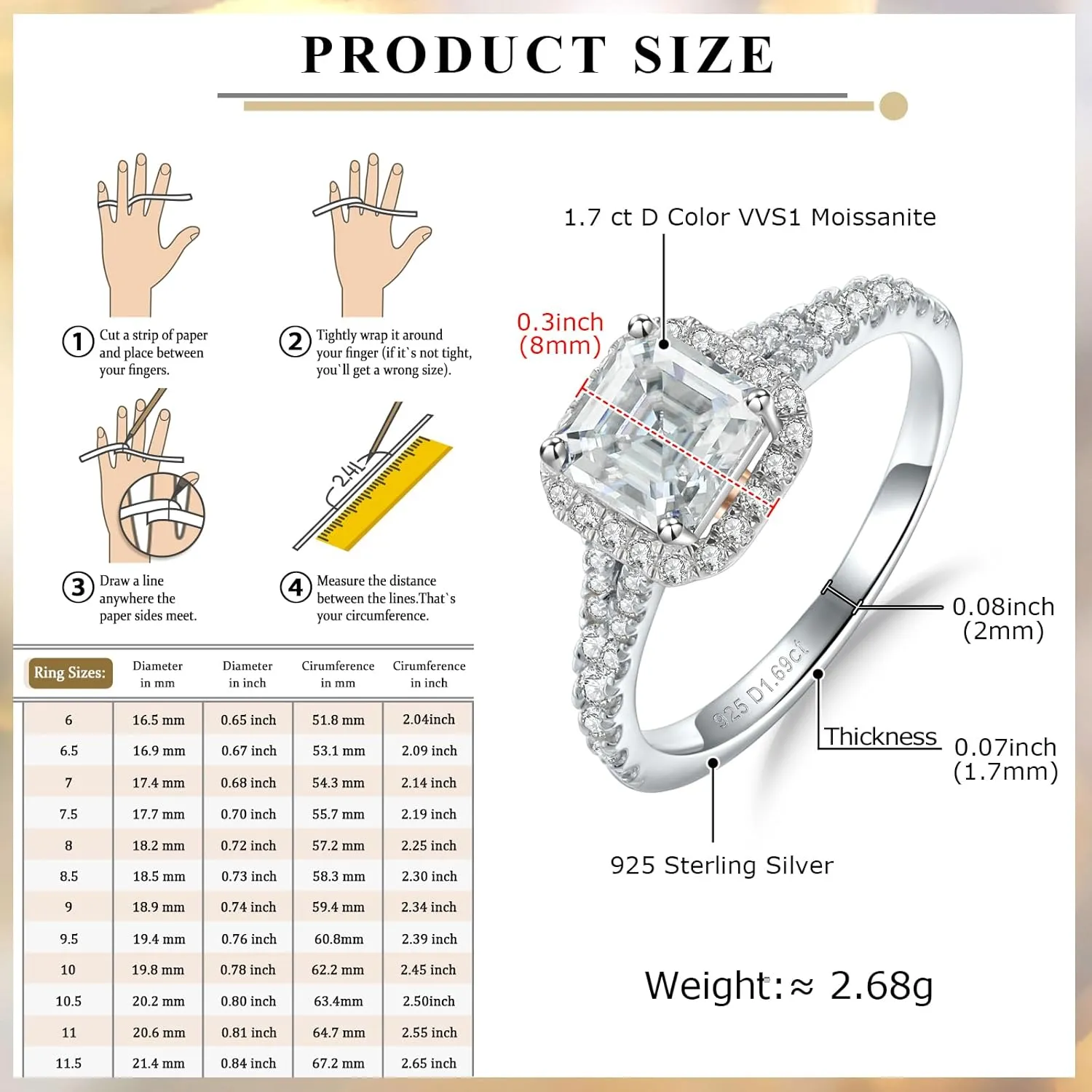 Moissanite Engagement Ring, D Color VVS1 Clarity, 1.2-1.7CT, 925 Sterling Silver with 18K White Gold Plated, Cushion/Heart/Oval/Princess Cut Promise Rings for Women