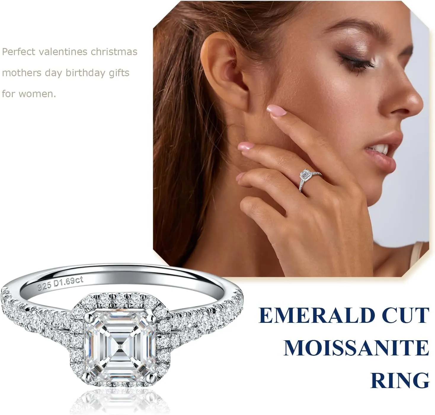 Moissanite Engagement Ring, D Color VVS1 Clarity, 1.2-1.7CT, 925 Sterling Silver with 18K White Gold Plated, Cushion/Heart/Oval/Princess Cut Promise Rings for Women