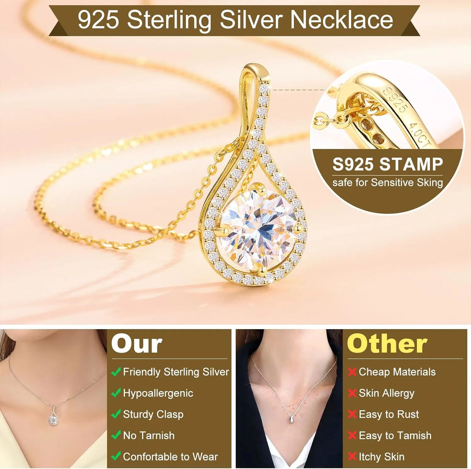 Moissanite Necklace Gift for Women, 925 Sterling Silver 18K White/Yellow Gold Plated 0.5-6.0CT Moissanite Pendant for Her, Anniversary Day, Birthday, Wedding - to My Wife, Mom