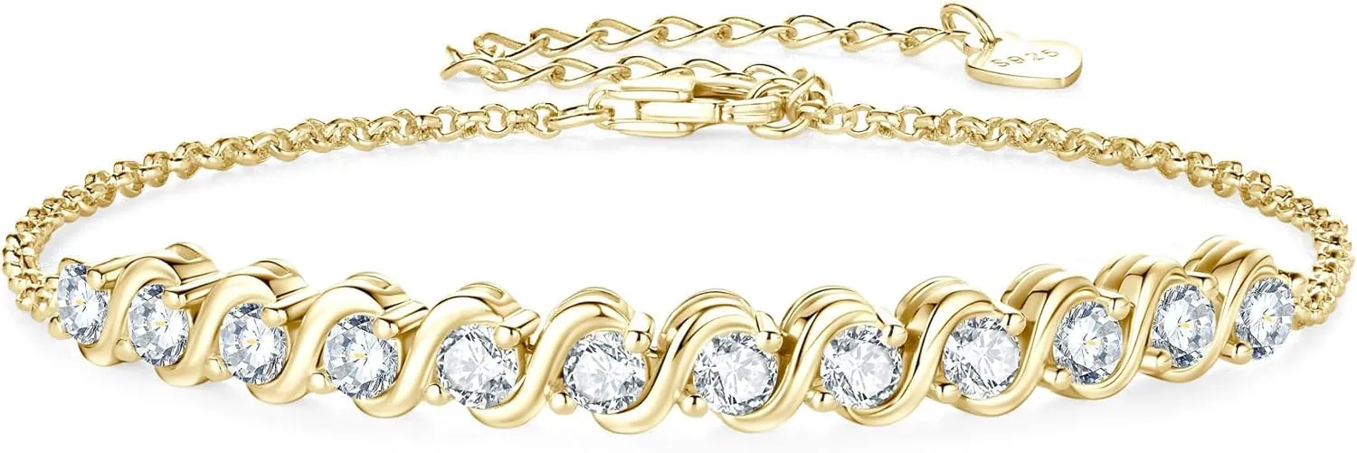 Moissanite Tennis Bracelet, 18K White Gold Plated Accent S Link Bracelet Imitation Diamond Bracelets for Women, 925 Sterling Silver Wedding Stacking Classic Lobster Clasp Bracelets, D Color VVS1 Round Cut, GRA Certificate, 6.5 2 inch