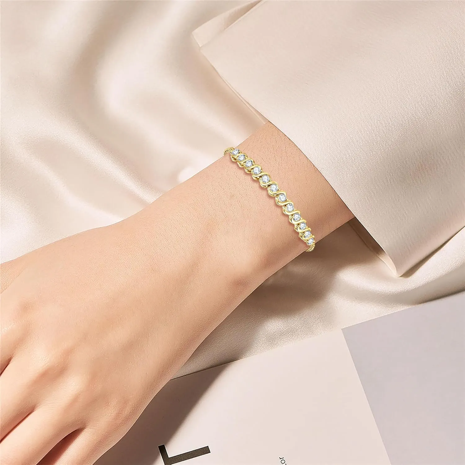 Moissanite Tennis Bracelet, 18K White Gold Plated Accent S Link Bracelet Imitation Diamond Bracelets for Women, 925 Sterling Silver Wedding Stacking Classic Lobster Clasp Bracelets, D Color VVS1 Round Cut, GRA Certificate, 6.5 2 inch
