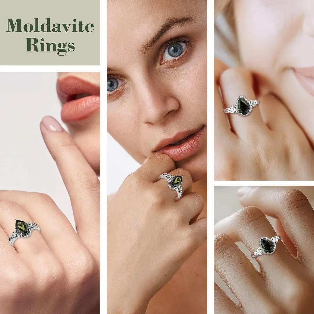 Moldavite & White Zircon Ring in 925 Sterling Silver Wedding Rings for Women with Platinum Plating Promise Jewelry Valentines Day Gifts for Her Birthday Gifts
