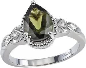 Moldavite & White Zircon Ring in 925 Sterling Silver Wedding Rings for Women with Platinum Plating Promise Jewelry Valentines Day Gifts for Her Birthday Gifts