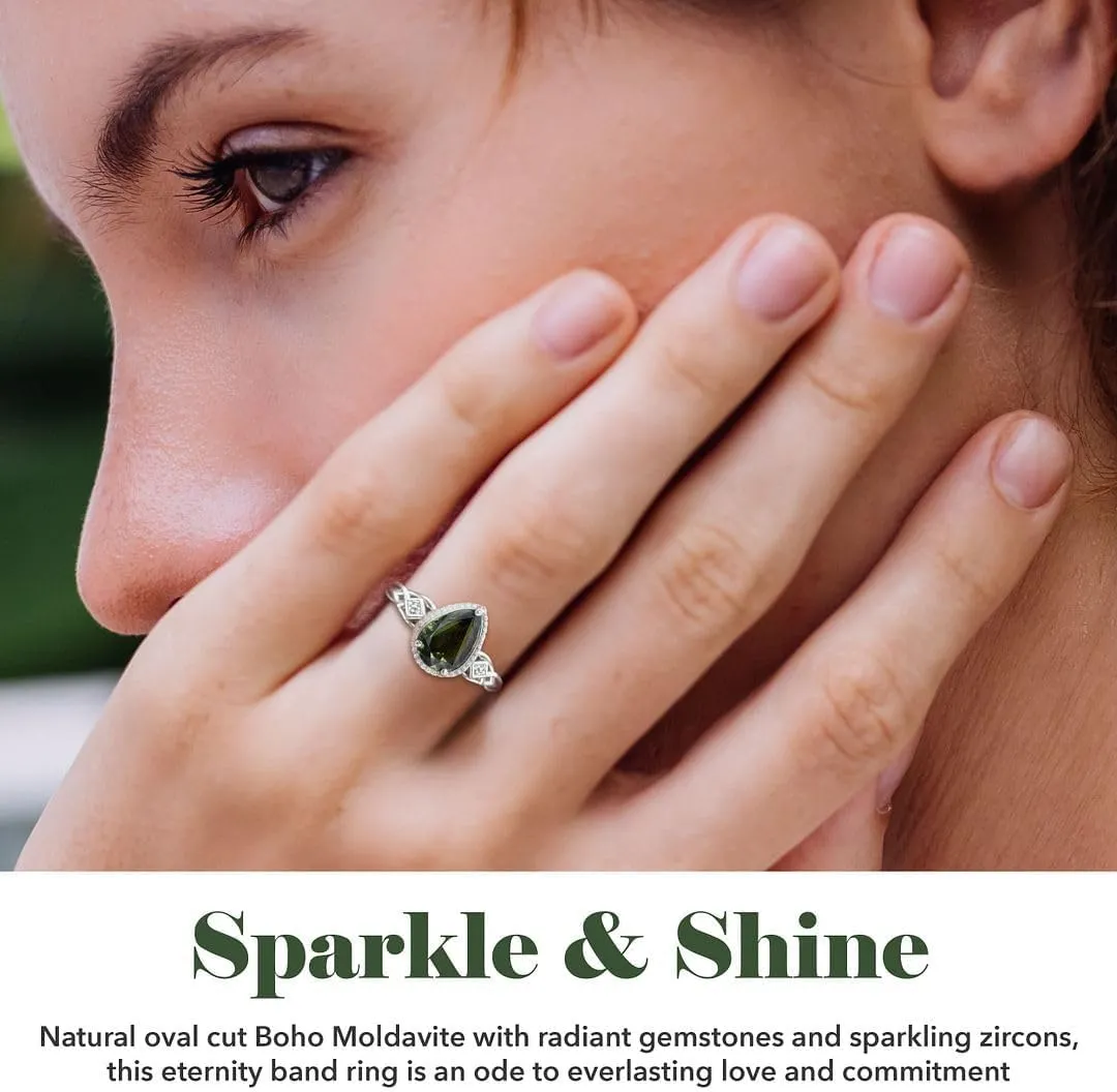 Moldavite & White Zircon Ring in 925 Sterling Silver Wedding Rings for Women with Platinum Plating Promise Jewelry Valentines Day Gifts for Her Birthday Gifts