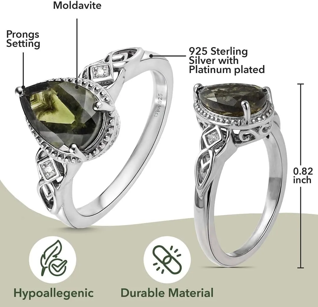 Moldavite & White Zircon Ring in 925 Sterling Silver Wedding Rings for Women with Platinum Plating Promise Jewelry Valentines Day Gifts for Her Birthday Gifts