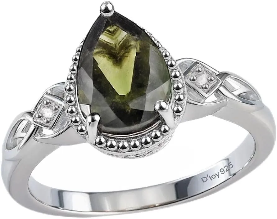Moldavite & White Zircon Ring in 925 Sterling Silver Wedding Rings for Women with Platinum Plating Promise Jewelry Valentines Day Gifts for Her Birthday Gifts