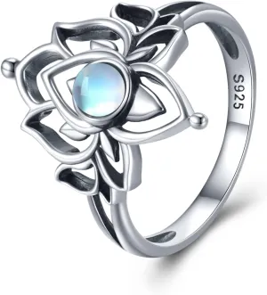 Moonstone Lotus Rings for Women 925 Sterling Silver Lotus Flower Ring Vintage Spiritual Yoga Lotus Jewelry for Women Lotus Gifts