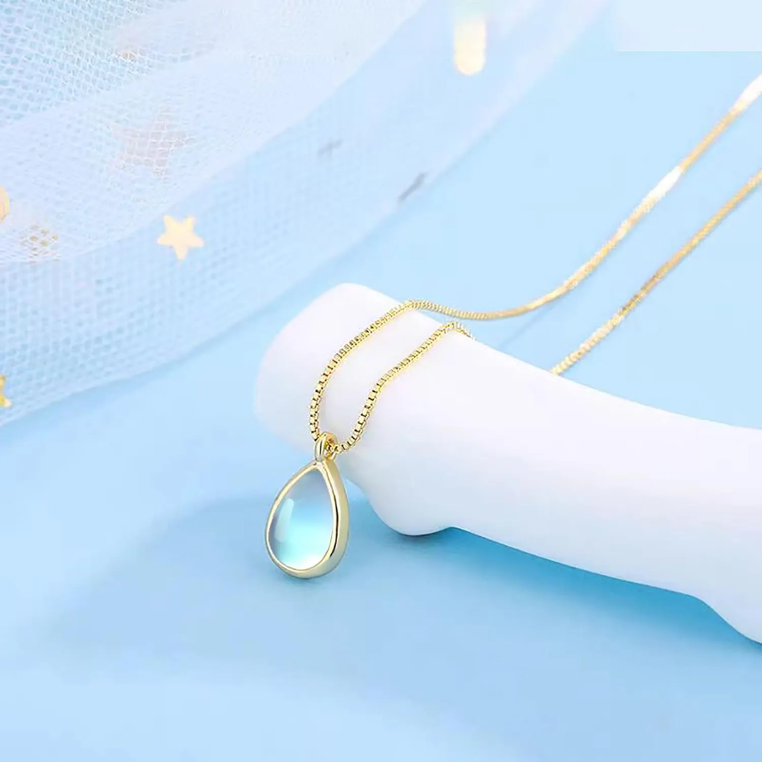 Moonstone Necklace for Women Pear-Shaped Teardrop Pendant Necklaces Small Moonstone Jewelry Mother's Day Birthday Gifts with 16'' 2'' Box Chain