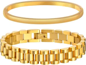 MPRAINBOW 2pcs Gold Chain Link Bracelet, Stainless Steel Crystal Friendship Bracelets Bangle,Watch Band Chains Wristband Jewelry with Adjust Tool