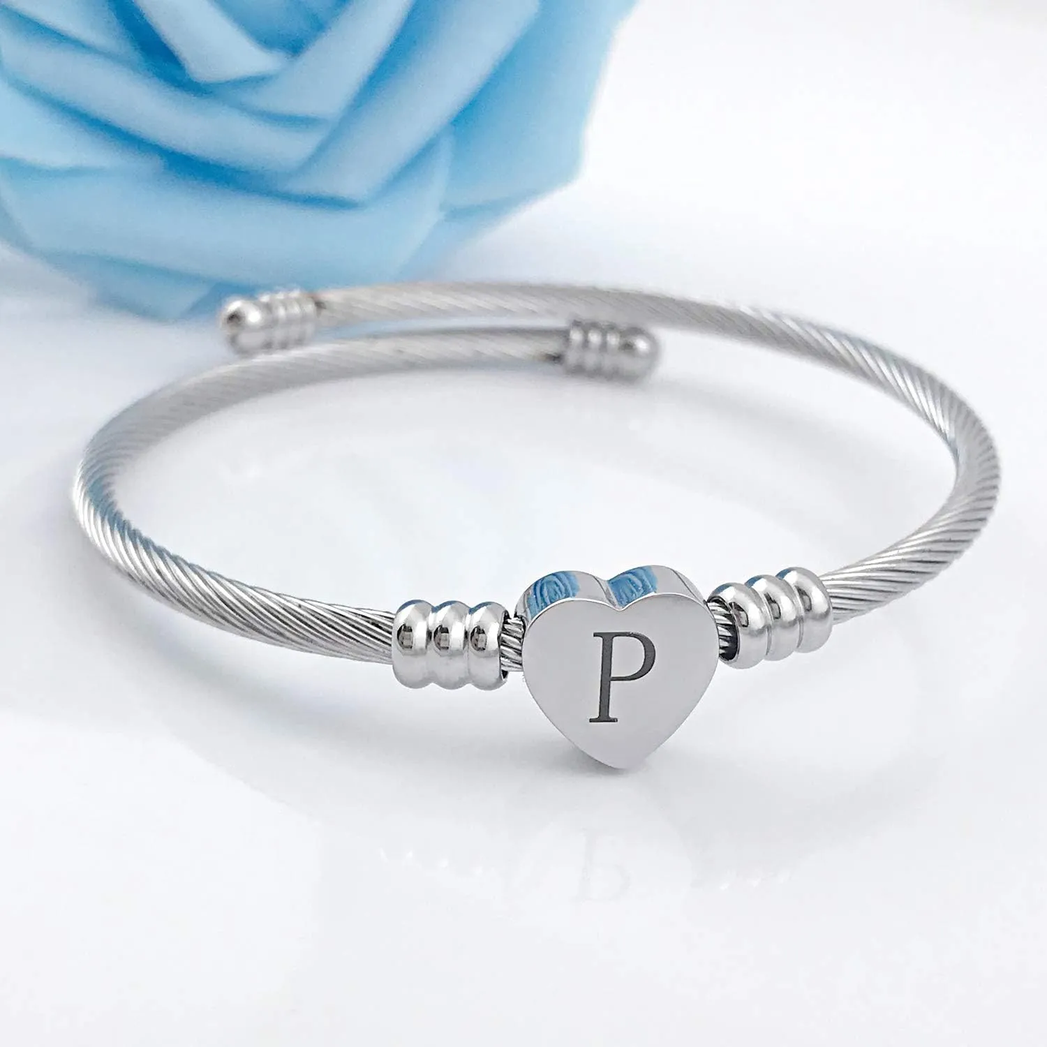 MUERDOU Initial Bracelet for Women Alphabet 26 Letters Bracelet Heart Cable Charm Bracelets Gifts for Her