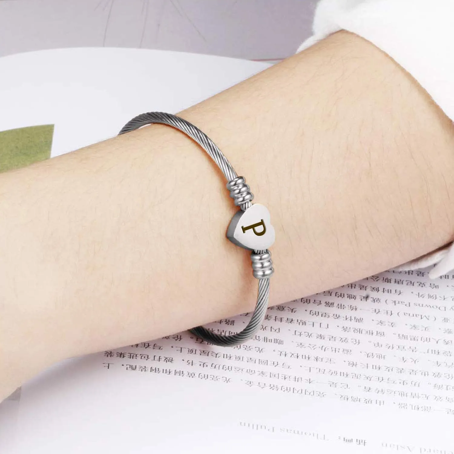 MUERDOU Initial Bracelet for Women Alphabet 26 Letters Bracelet Heart Cable Charm Bracelets Gifts for Her