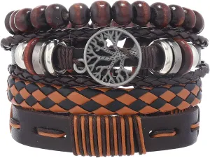 Multi-Layer Leather Bracelets, Mens Braided Vintage Religious Retro Patterns Evil Eye Beads Tree of Life Boho Charms Women Cuff Bracelet Anniversary Birthday Christmas Jewelry Gifts Pcs of 4
