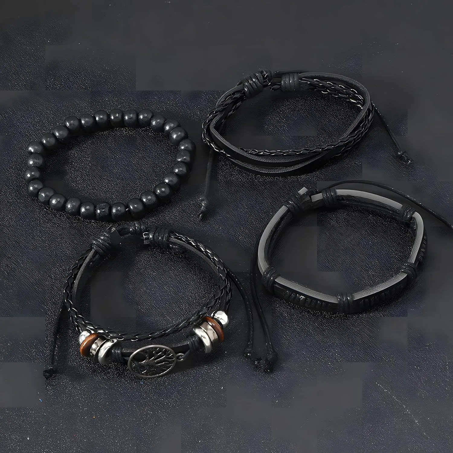 Multi-Layer Leather Bracelets, Mens Braided Vintage Religious Retro Patterns Evil Eye Beads Tree of Life Boho Charms Women Cuff Bracelet Anniversary Birthday Christmas Jewelry Gifts Pcs of 4