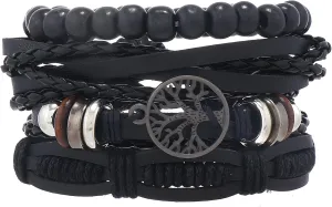 Multi-Layer Leather Bracelets, Mens Braided Vintage Religious Retro Patterns Evil Eye Beads Tree of Life Boho Charms Women Cuff Bracelet Anniversary Birthday Christmas Jewelry Gifts Pcs of 4