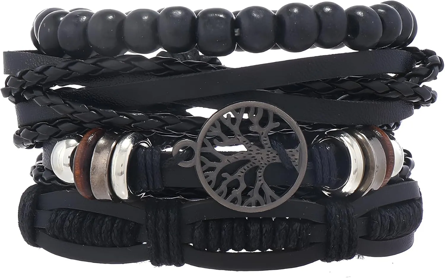 Multi-Layer Leather Bracelets, Mens Braided Vintage Religious Retro Patterns Evil Eye Beads Tree of Life Boho Charms Women Cuff Bracelet Anniversary Birthday Christmas Jewelry Gifts Pcs of 4