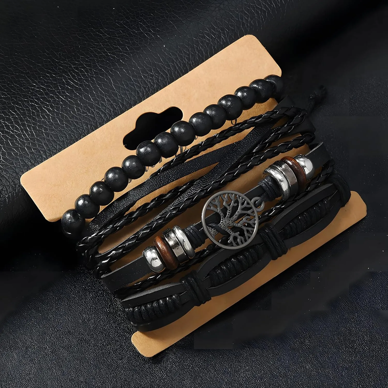 Multi-Layer Leather Bracelets, Mens Braided Vintage Religious Retro Patterns Evil Eye Beads Tree of Life Boho Charms Women Cuff Bracelet Anniversary Birthday Christmas Jewelry Gifts Pcs of 4