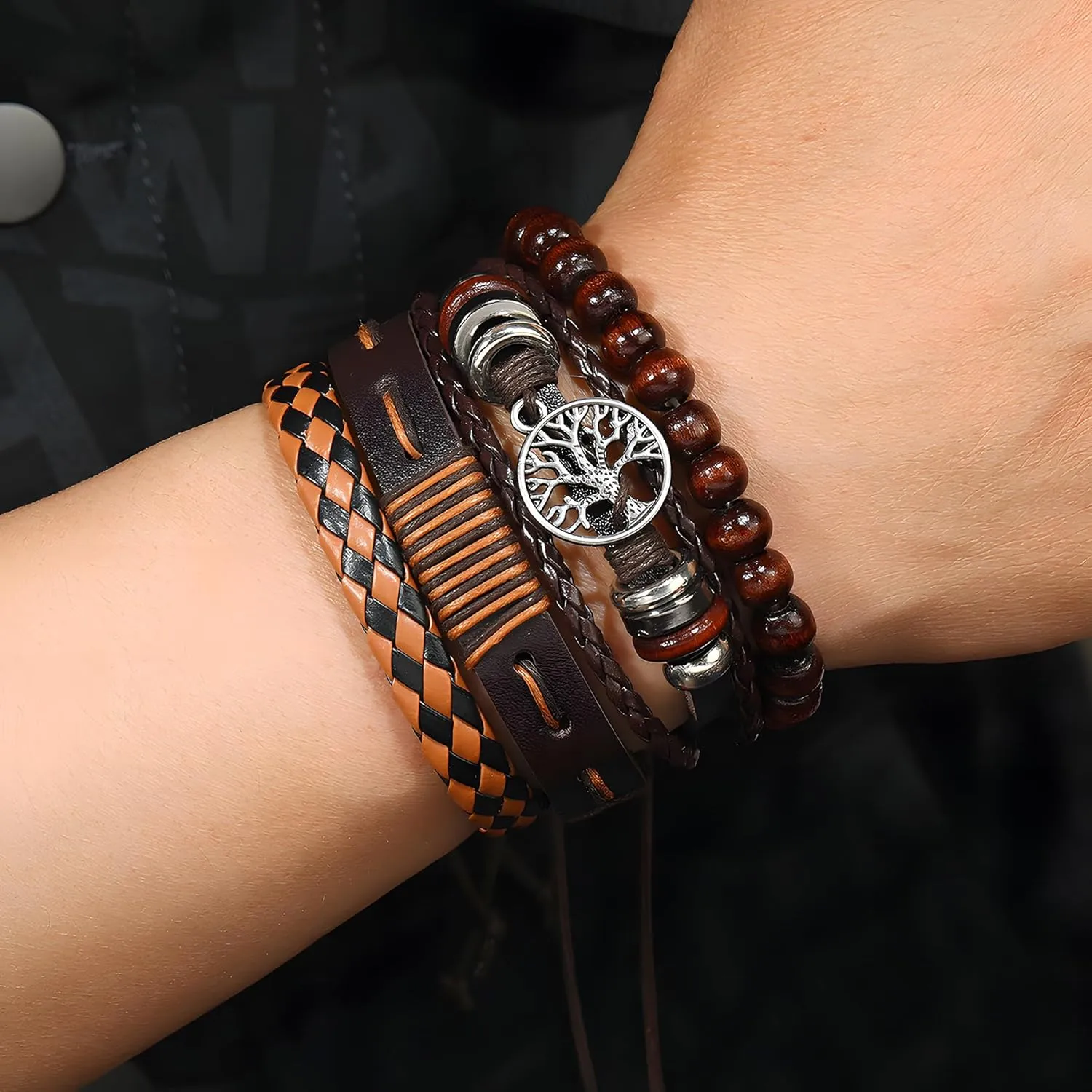 Multi-Layer Leather Bracelets, Mens Braided Vintage Religious Retro Patterns Evil Eye Beads Tree of Life Boho Charms Women Cuff Bracelet Anniversary Birthday Christmas Jewelry Gifts Pcs of 4