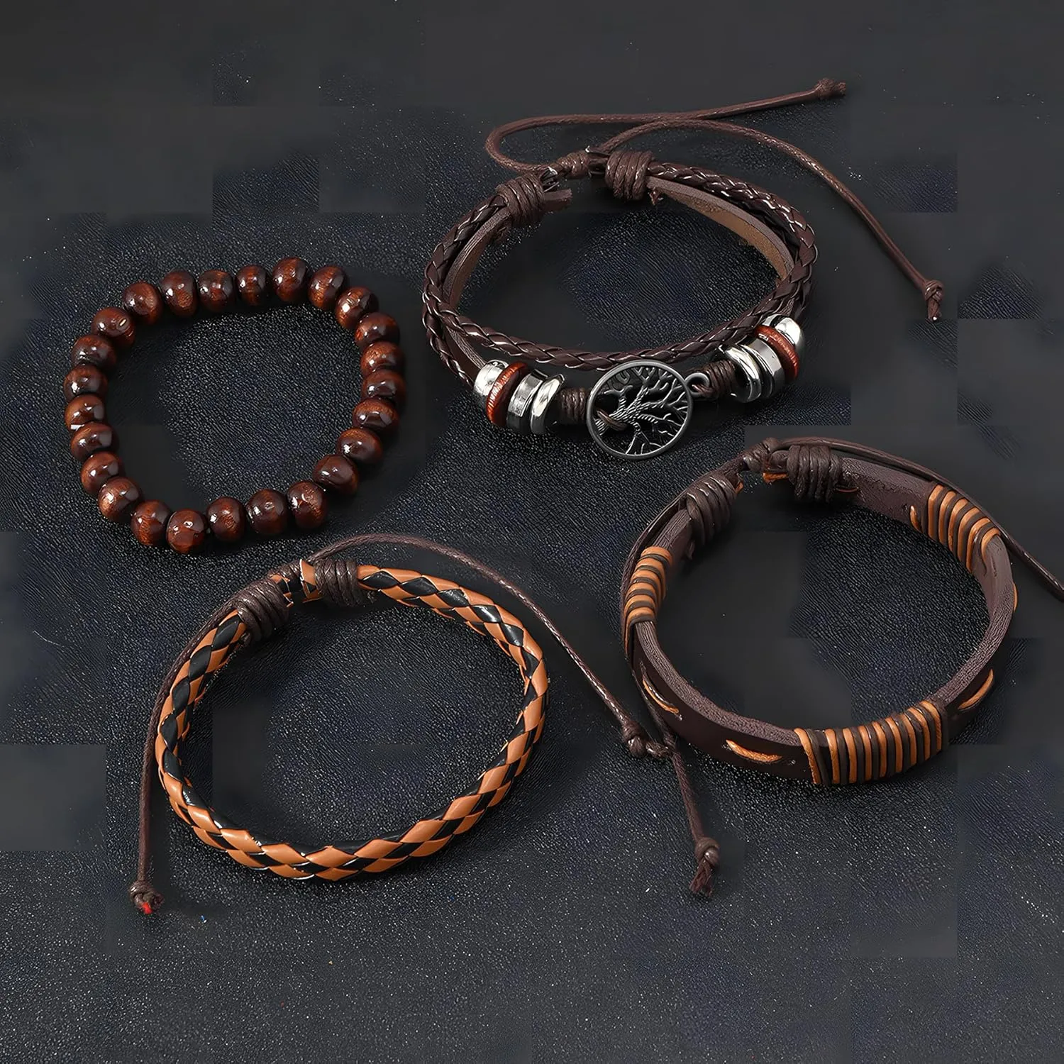 Multi-Layer Leather Bracelets, Mens Braided Vintage Religious Retro Patterns Evil Eye Beads Tree of Life Boho Charms Women Cuff Bracelet Anniversary Birthday Christmas Jewelry Gifts Pcs of 4