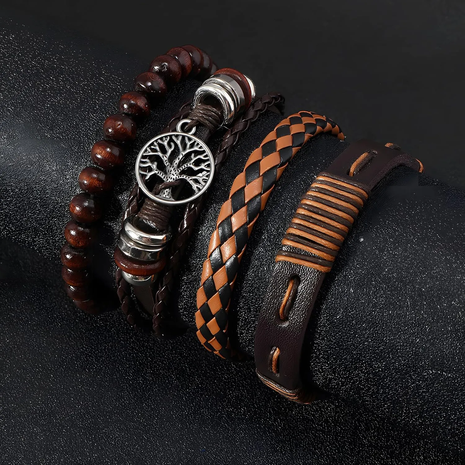 Multi-Layer Leather Bracelets, Mens Braided Vintage Religious Retro Patterns Evil Eye Beads Tree of Life Boho Charms Women Cuff Bracelet Anniversary Birthday Christmas Jewelry Gifts Pcs of 4