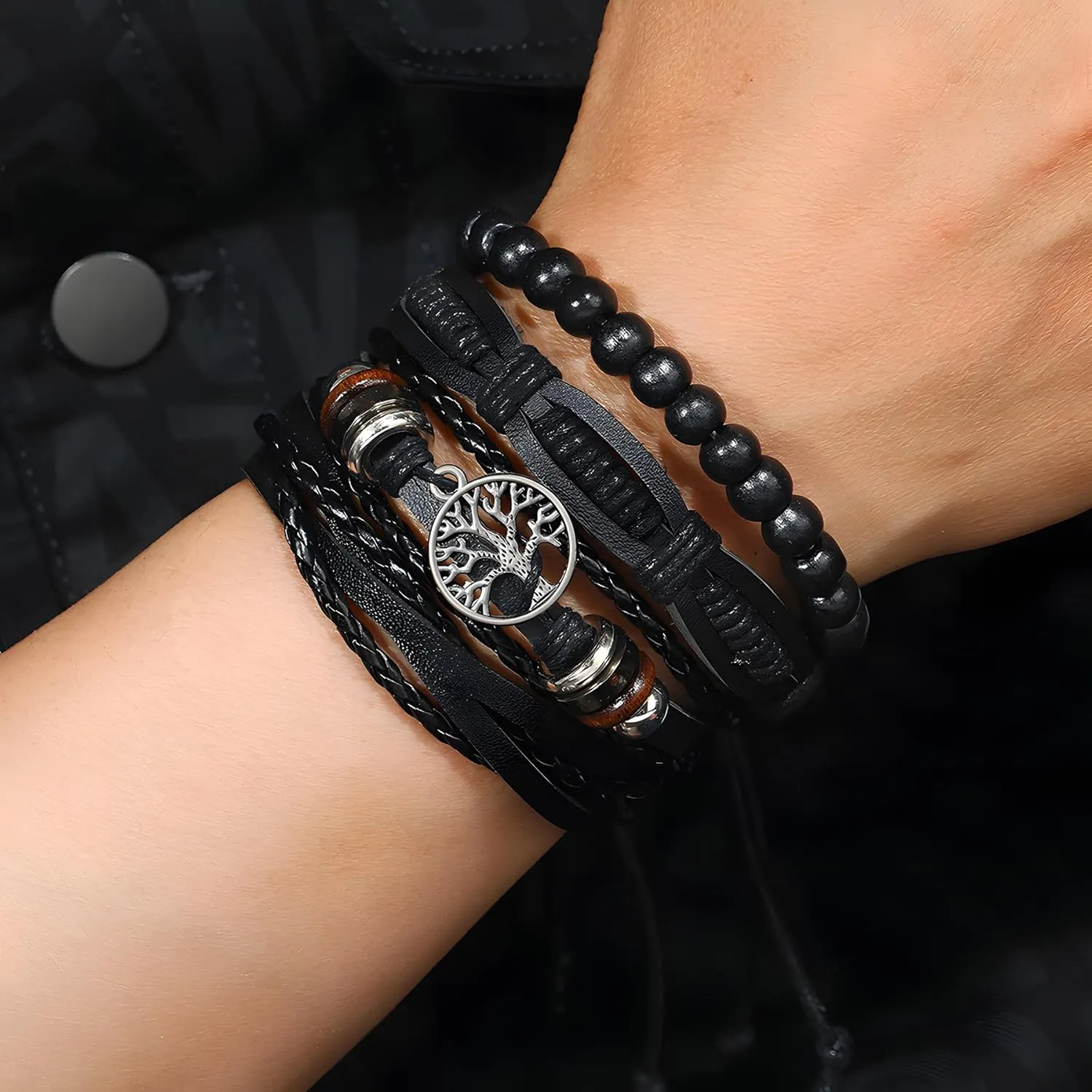 Multi-Layer Leather Bracelets, Mens Braided Vintage Religious Retro Patterns Evil Eye Beads Tree of Life Boho Charms Women Cuff Bracelet Anniversary Birthday Christmas Jewelry Gifts Pcs of 4