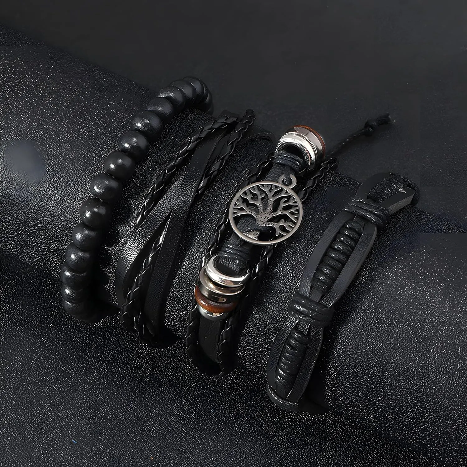 Multi-Layer Leather Bracelets, Mens Braided Vintage Religious Retro Patterns Evil Eye Beads Tree of Life Boho Charms Women Cuff Bracelet Anniversary Birthday Christmas Jewelry Gifts Pcs of 4